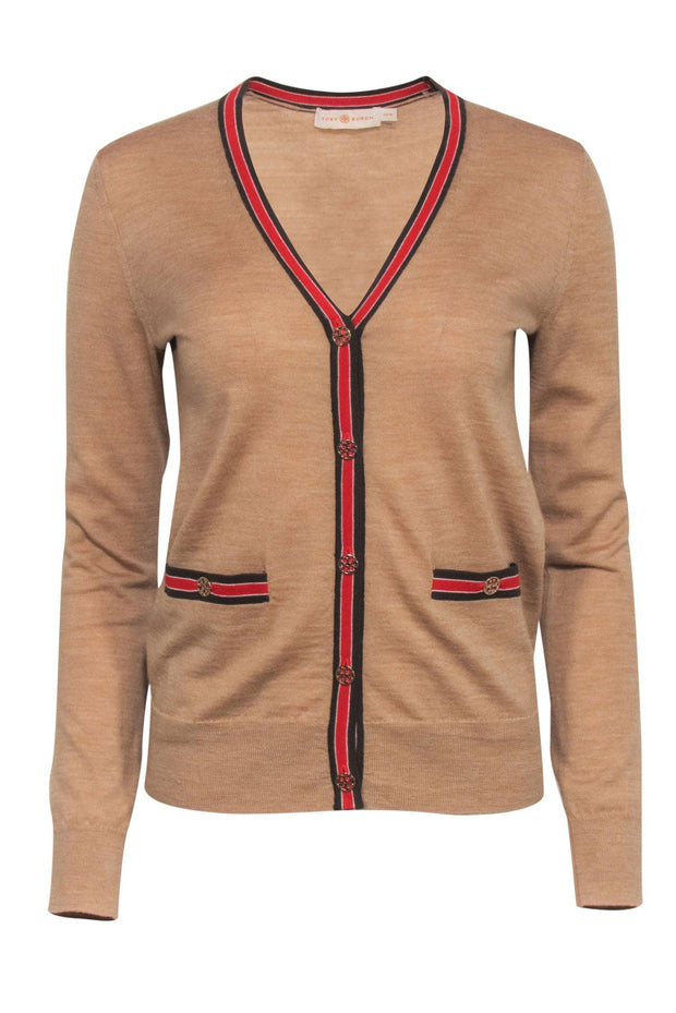 Current Boutique-Tory Burch - Tan Merino Wool Cardigan w/ Striped Trim & Logo Buttons Sz XS