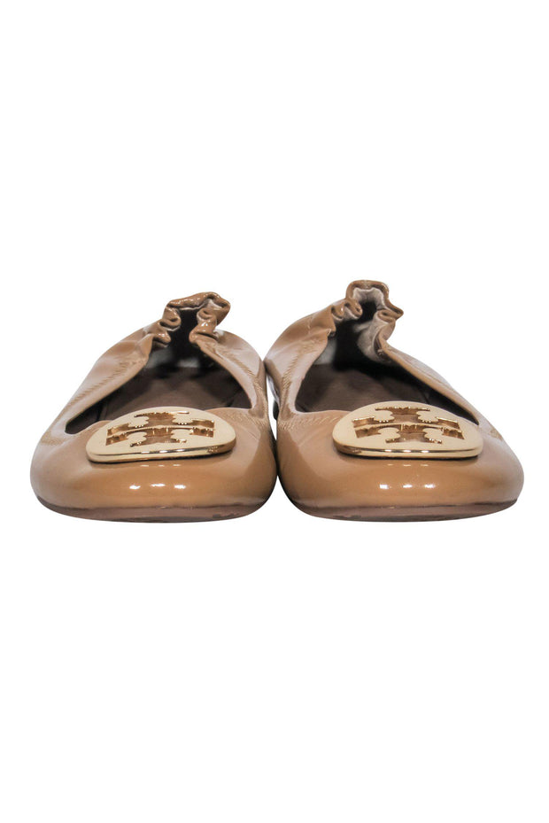 Current Boutique-Tory Burch - Tan Patent Leather Ballet Flats w/ Logo Sz 6