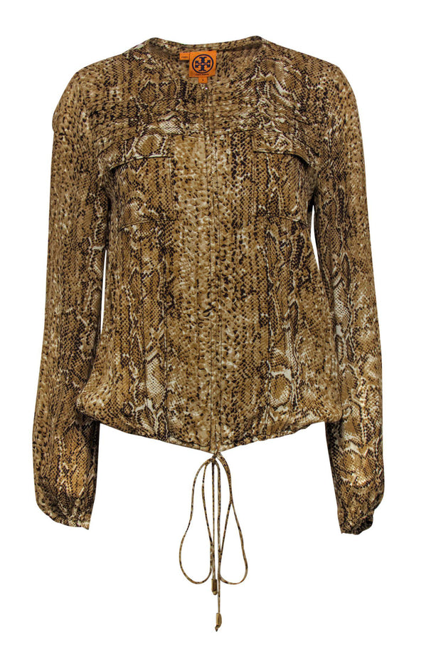 Current Boutique-Tory Burch - Tan Snakeskin Print Long Sleeve Zip-Up Blouse Sz 8