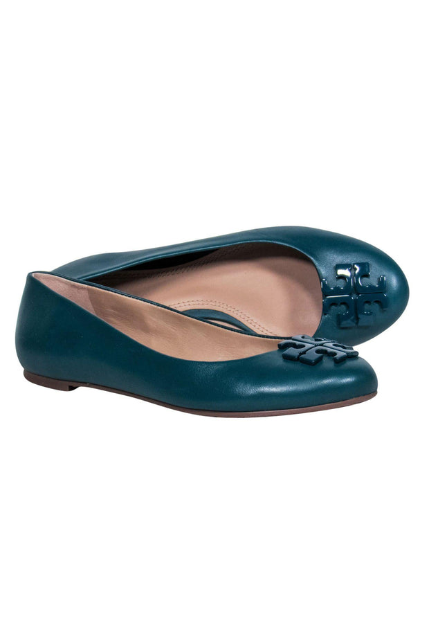 Current Boutique-Tory Burch - Teal Smooth Leather Logo Flats Sz 6.5