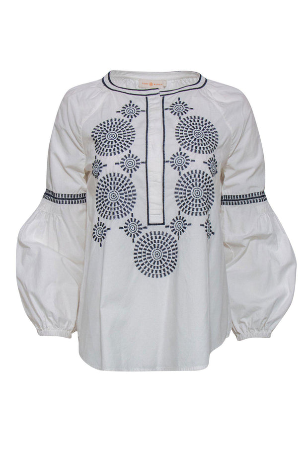 Current Boutique-Tory Burch - White Cotton Peasant Blouse w/ Embroidery Sz 0