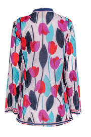 Current Boutique-Tory Burch - White Cotton Tunic w/ Teal, Navy, Red & Purple Tulip Print Sz 12