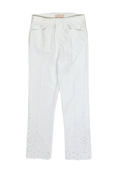 Current Boutique-Tory Burch - White Floral Embroidered High-Waist Straight Leg "Keira" Jeans Sz 26