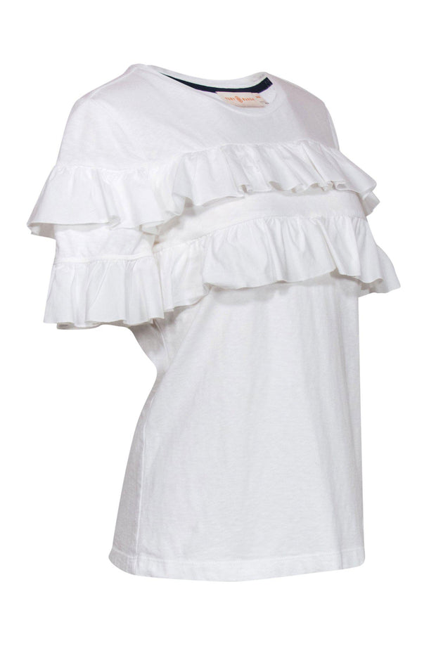 Current Boutique-Tory Burch - White Short Sleeve Tee w/ Ruffles Sz M