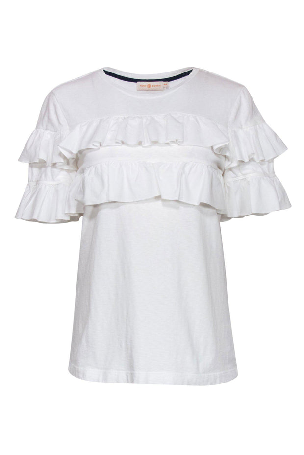 Current Boutique-Tory Burch - White Short Sleeve Tee w/ Ruffles Sz M