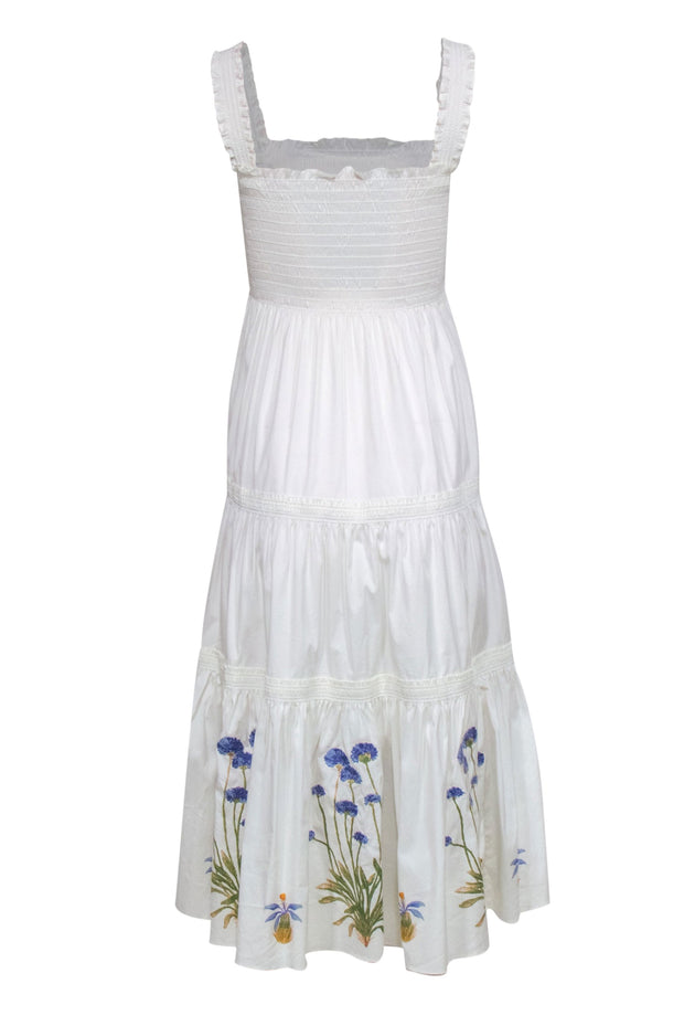 Current Boutique-Tory Burch - White Smocked Tiered Midi Dress w/ Floral Embroidery Sz M