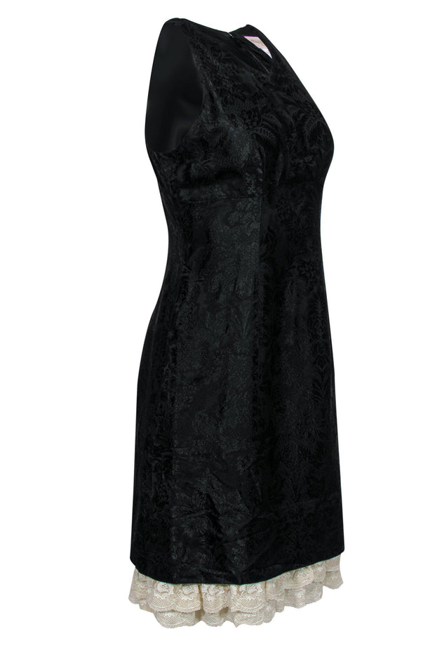 Current Boutique-Tracy Reese - Black Brocade Sleeveless A-Line Dress w/ Lace Trim Sz 8