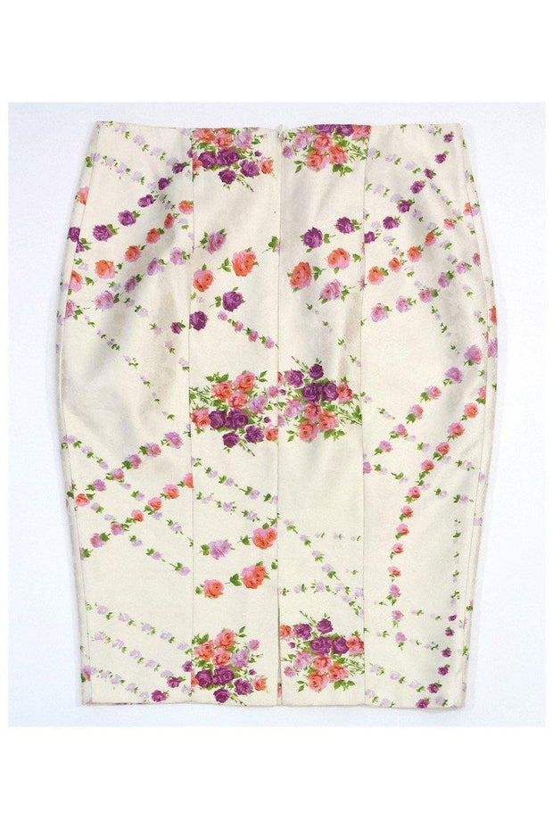 Current Boutique-Tracy Reese - Cream & Violet Floral Print Silk Pencil Skirt Sz 6