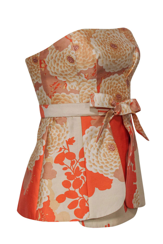 Current Boutique-Tracy Reese - Orange & Cream Floral Print Strapless Top w/ Bow Sz 2