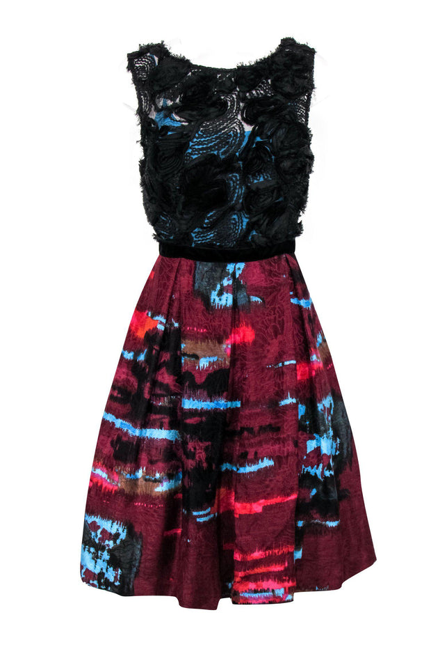 Current Boutique-Tracy Reese - Red & Blue Printed A-Line Dress w/ Floral Bodice Sz 12