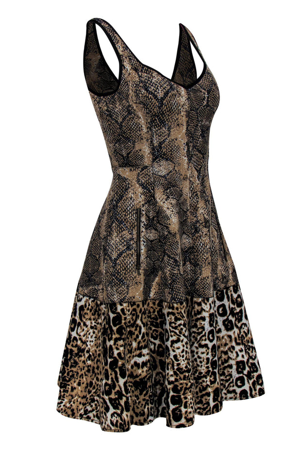 Current Boutique-Tracy Reese - Tan & Black Snakeskin & Leopard Print Sleeveless Fit & Flare Dress Sz 4