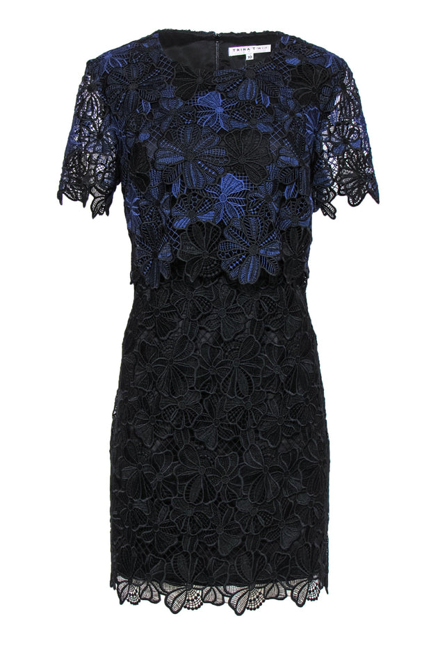 Current Boutique-Trina Turk - Black & Blue Lace "Caterina" Layered Cocktail Dress Sz 10