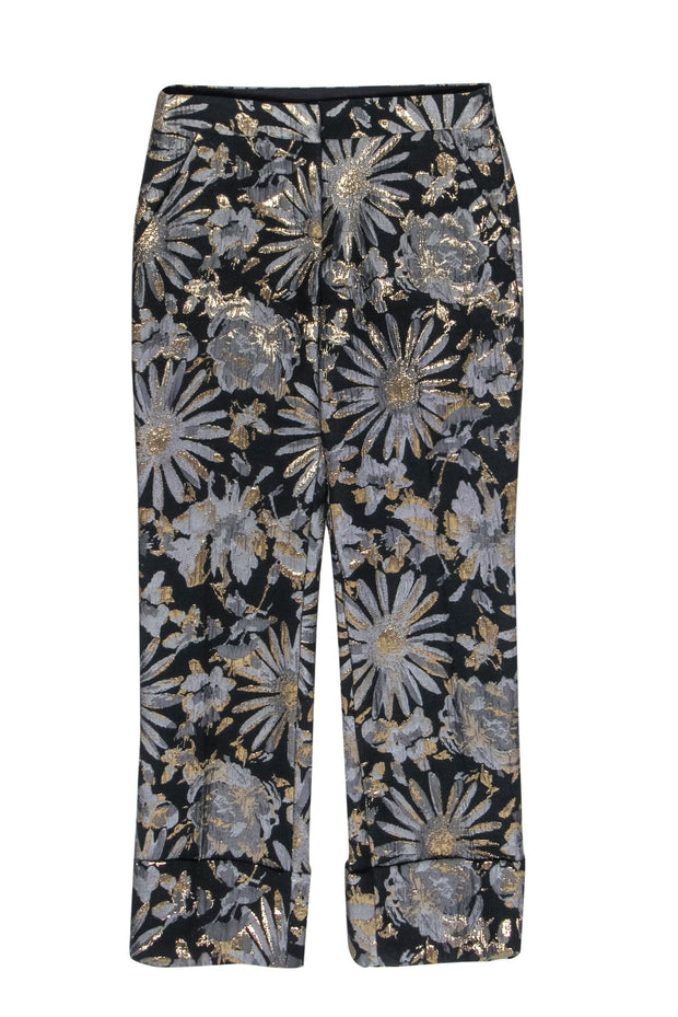 Current Boutique-Trina Turk - Black & Metallic Brocade Floral Ankle Pants Sz 6