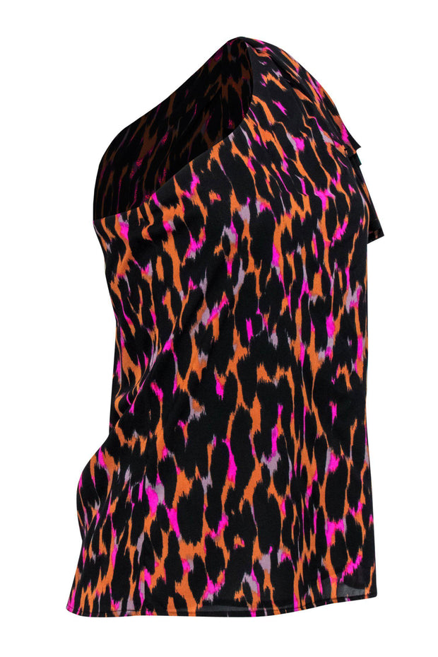 Current Boutique-Trina Turk - Black, Orange & Magenta Leopard Print One-Shoulder Blouse w/ Flounce Sz XS