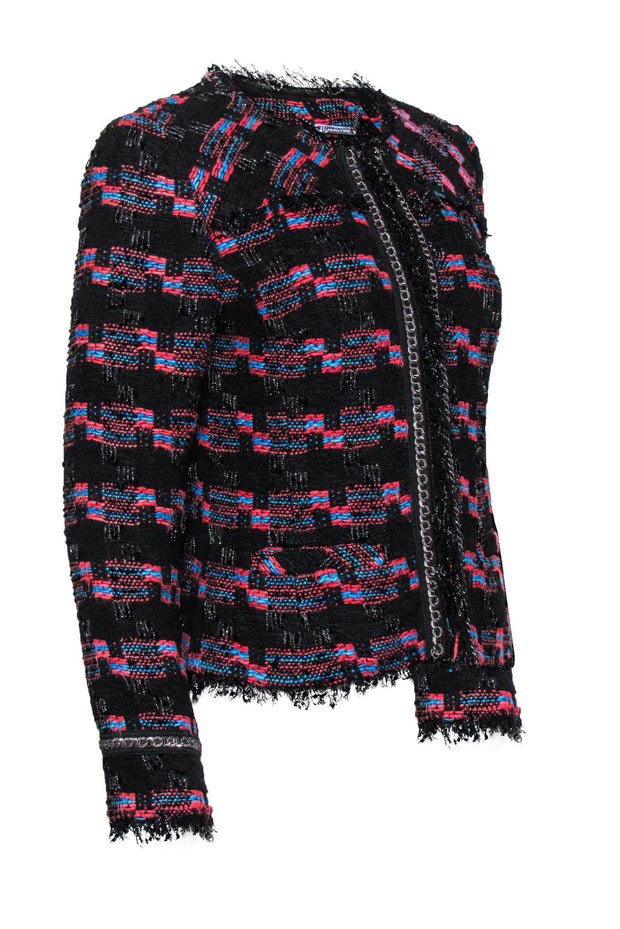 Current Boutique-Trina Turk - Black, Red & Blue Metallic Fringe Tweed Jacket Sz M