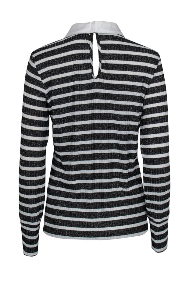 Current Boutique-Trina Turk - Black & White Metallic Striped Blouse w/ Collar Sz L