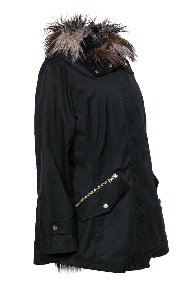 Current Boutique-Trina Turk - Black Zip-Up Hooded Coat w/ Faux Fur Lining Sz XL