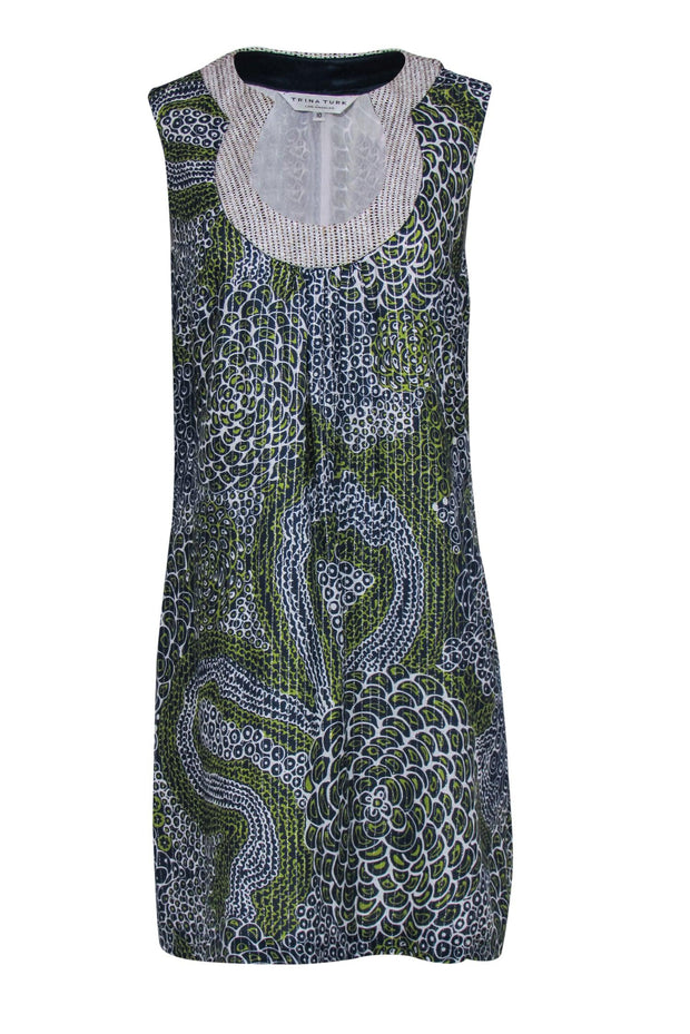 Current Boutique-Trina Turk - Blue & Green Metallic Scoop Neck Shift Dress Sz 10