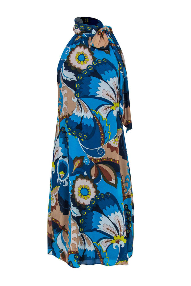 Current Boutique-Trina Turk - Blue Paisley Print Sleeveless Midi Dress w/ Neck Tie Sz 0