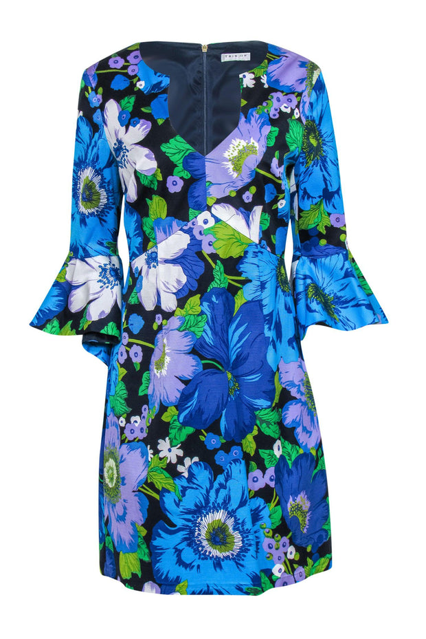 Current Boutique-Trina Turk - Blue & Purple Floral Print Bell Sleeve Midi Dress Sz 8