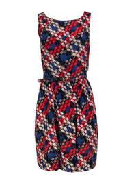 Current Boutique-Trina Turk - Blue, Red, & Brown Printed Dress w/ Belt Sz 4