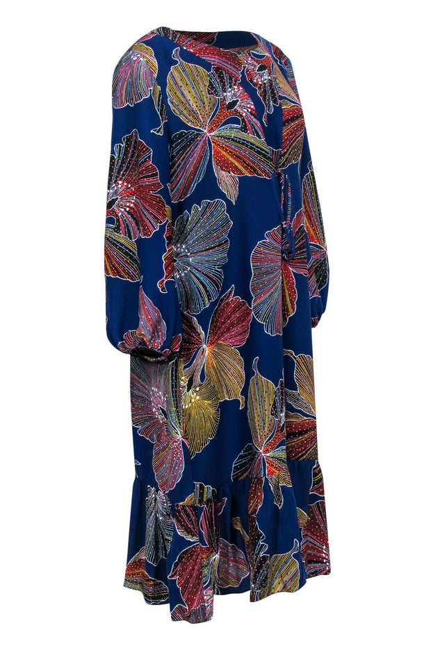 Current Boutique-Trina Turk - Blue Tropical Leaf Print Shift Midi Dress Sz 12