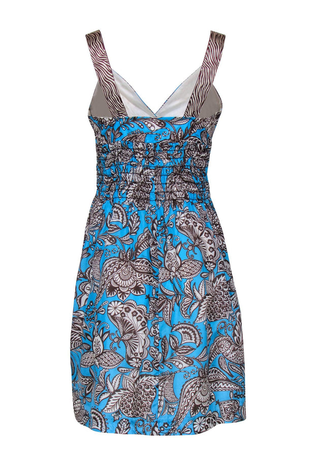 Current Boutique-Trina Turk - Bright Blue & Brown Paisley Print Smocked Waist Dress Sz 6