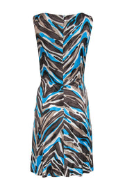 Current Boutique-Trina Turk - Brown, Blue & Beige Silk Printed Ruched Dress Sz 2