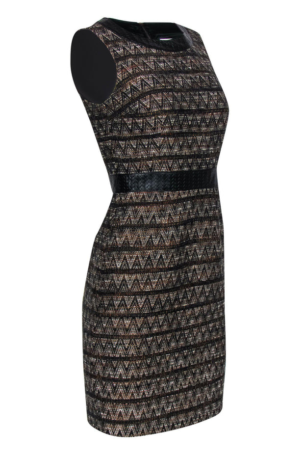 Current Boutique-Trina Turk - Brown Chevron Print Sleeveless Sheath Dress w/ Woven Trim Sz 2