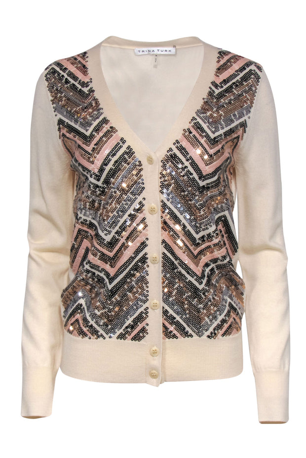 Current Boutique-Trina Turk - Cream Sequin Button-Up Merino Wool Cardigan Sz M