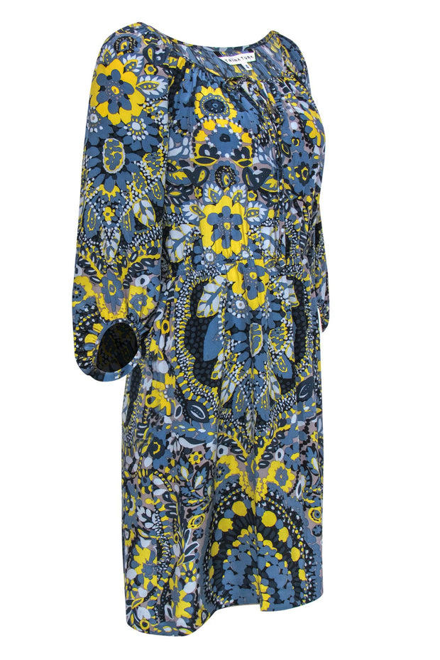 Current Boutique-Trina Turk - Dusty Blue & Yellow Floral Puff Sleeve Peasant-Style Dress Sz 4