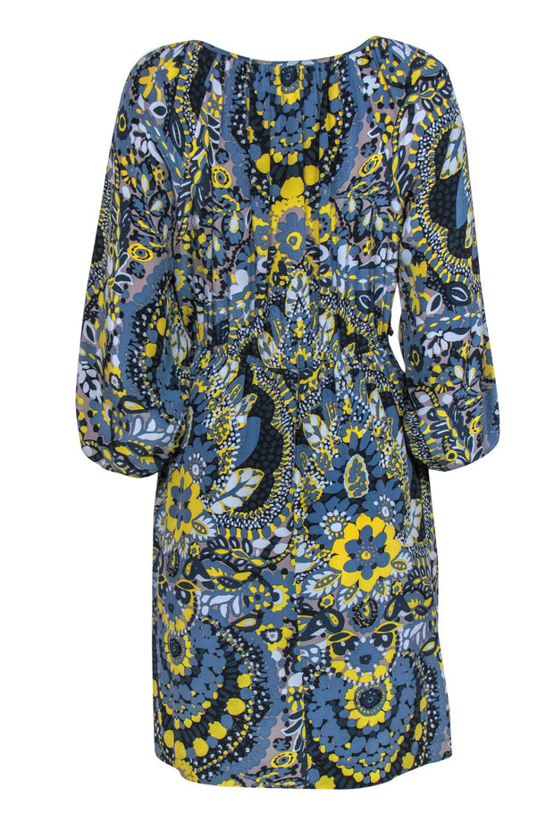 Current Boutique-Trina Turk - Dusty Blue & Yellow Floral Puff Sleeve Peasant-Style Dress Sz 4