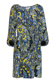 Current Boutique-Trina Turk - Dusty Blue & Yellow Floral Puff Sleeve Peasant-Style Dress Sz 4