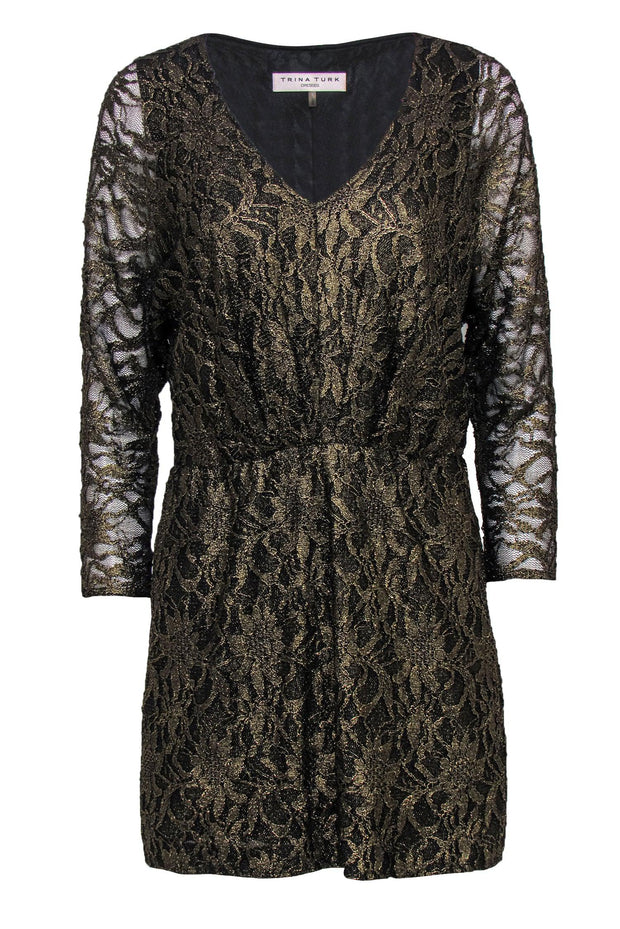 Current Boutique-Trina Turk - Gold & Black Metallic Floral Lace Dolman Sleeve Dress Sz 8