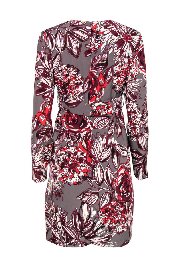 Current Boutique-Trina Turk - Grey, Maroon & White Floral Print Sheath Dress w/ Crisscross Belt Sz 4