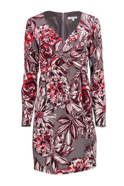 Current Boutique-Trina Turk - Grey, Maroon & White Floral Print Sheath Dress w/ Crisscross Belt Sz 4