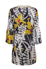 Current Boutique-Trina Turk - Grey & Yellow Silk Floral Dress w/ Sequin Neckline & Bell Sleeves Sz 6