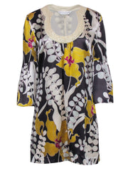 Current Boutique-Trina Turk - Grey & Yellow Silk Floral Dress w/ Sequin Neckline & Bell Sleeves Sz 6