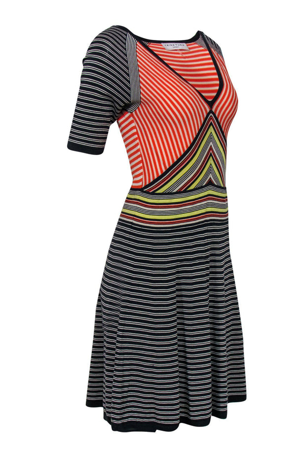 Current Boutique-Trina Turk - Multi-Striped Knit Short Sleeved Flared Dress Sz M