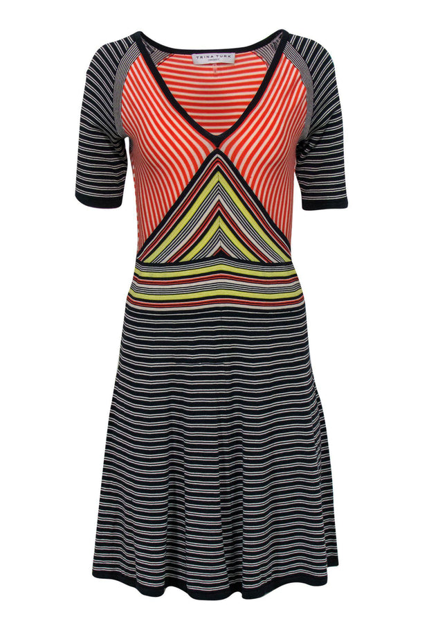 Current Boutique-Trina Turk - Multi-Striped Knit Short Sleeved Flared Dress Sz M