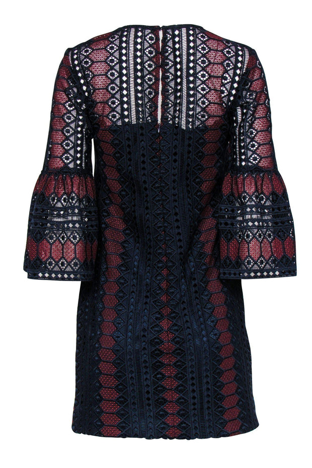 Current Boutique-Trina Turk - Navy & Burgundy Lace & Eyelet Bell Sleeve Shift Dress Sz 0