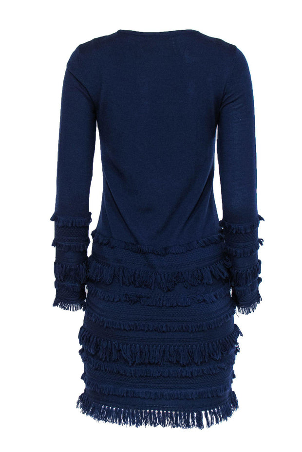 Current Boutique-Trina Turk - Navy Long Sleeved Midi Dress w/ Fringe Detailing Sz S