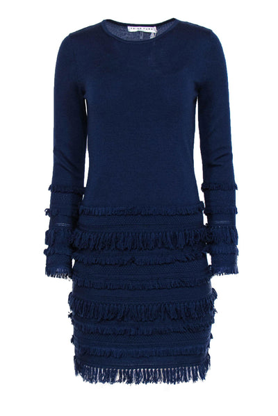 Current Boutique-Trina Turk - Navy Long Sleeved Midi Dress w/ Fringe Detailing Sz S