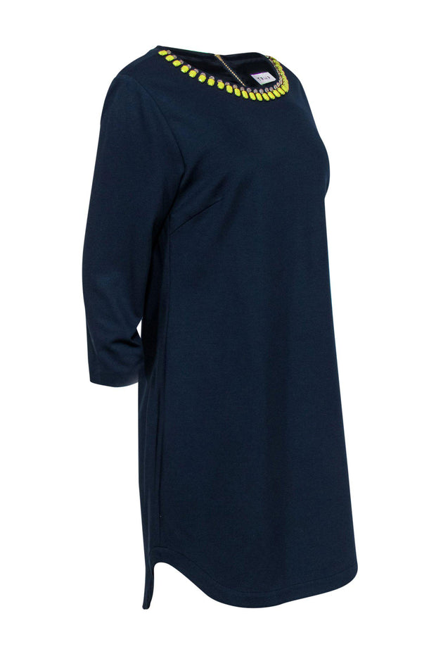 Current Boutique-Trina Turk - Navy Shift Dress w/ Yellow Gem Neckline Sz 12