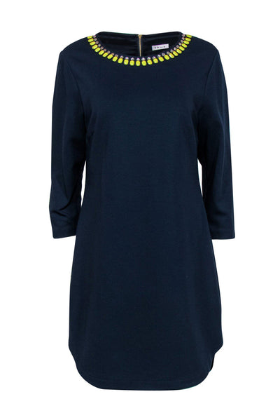 Current Boutique-Trina Turk - Navy Shift Dress w/ Yellow Gem Neckline Sz 12