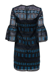 Current Boutique-Trina Turk - Navy, Teal & Black Lace & Eyelet Bell Sleeve Shift Dress Sz 0