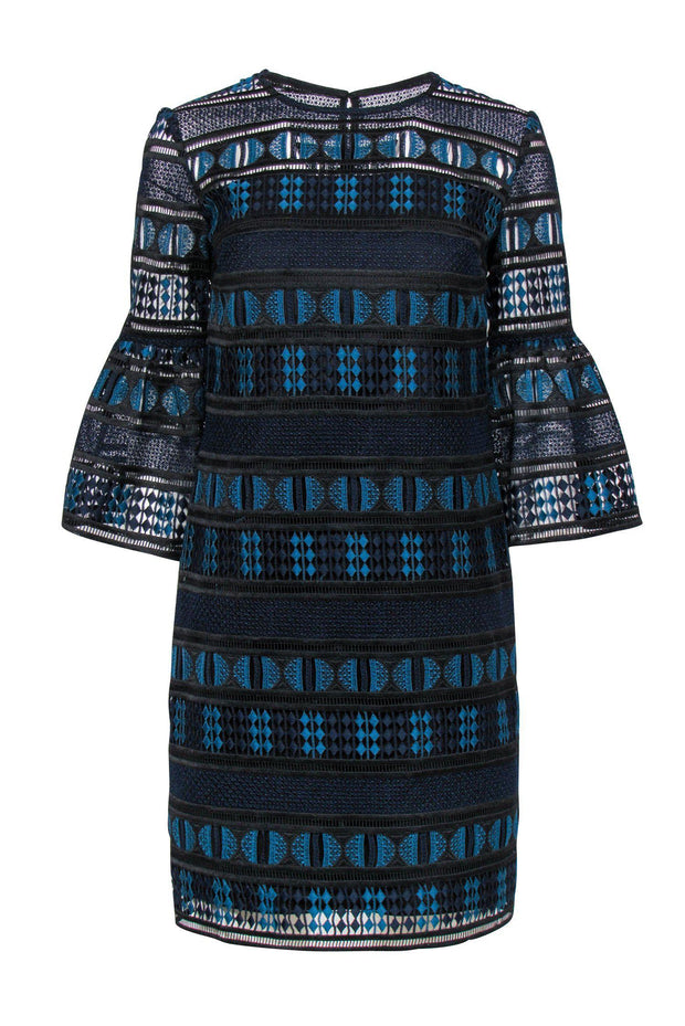 Current Boutique-Trina Turk - Navy, Teal & Black Lace & Eyelet Bell Sleeve Shift Dress Sz 0