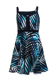 Current Boutique-Trina Turk - Navy, White, Black & Turquoise Leaf Print Fit & Flare Dress Sz 0