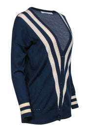 Current Boutique-Trina Turk - Navy & White Button-Up Merino Wool Cardigan w/ Striped & Eyelet Trim Sz S