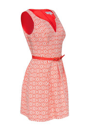 Current Boutique-Trina Turk - Orange & White Geometric Pattern Dress w/ Belt Sz 8